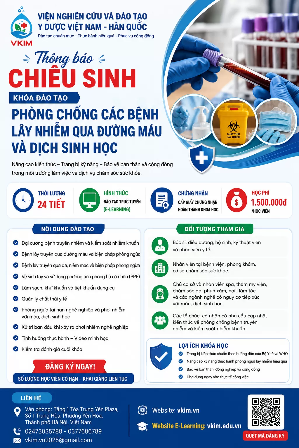 THÔNG BÁO CHIÊU SINH KHÓA ĐÀO TẠO PHÒNG CHỐNG CÁC BỆNH LÂY NHIỄM QUA ĐƯỜNG MÁU VÀ DỊCH SINH HỌC